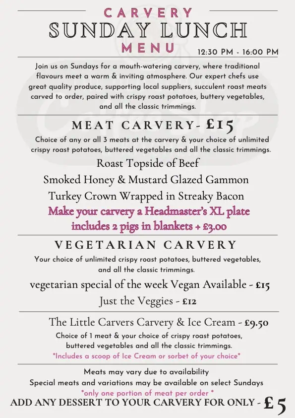 Alt Text: Printable Sunday Lunch menu offering meat and vegetarian options, including roast beef, smoked ham, turkey, vegan dishes, and ice cream, with prices and special deals.