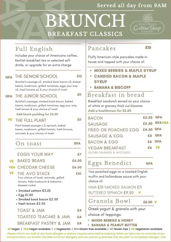 Brunch, breakfast, classics, full English, pancakes, breakfast in bread, eggs benedict, granola bowl, vegetarian, vegan options.