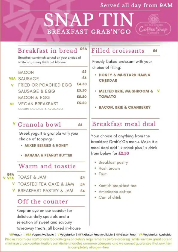 Vegan, gluten-free breakfast options in pink and white coffee shop menu, including bread, croissants, granola bowls, and toast, along with breakfast meal deals.
