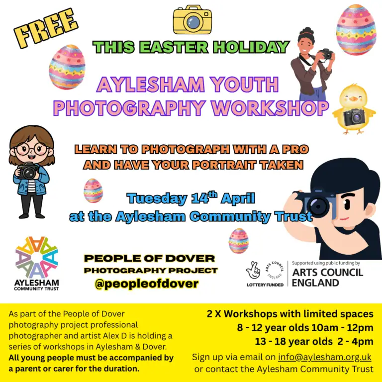 Photograph of children and Easter eggs with cameras, promoting a photography workshop during Easter holiday.